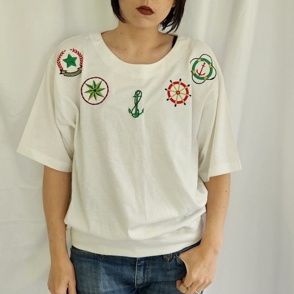 Vintage Tops - 90s Nautical Themed Tee